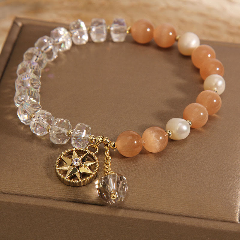 Armband Weißer Kristall Stern mit Pfirsichquarz und Perlen elegant.