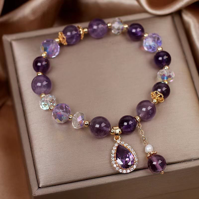 Armband Amethyst mit lila Steinen, Kristallen und Anhänger in Geschenkbox