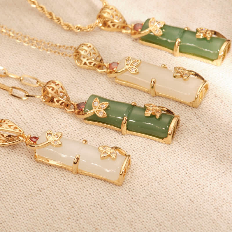 Jade Bambus Anhänger Gold Kette Schutz Glück Naturstein Schmuck elegant