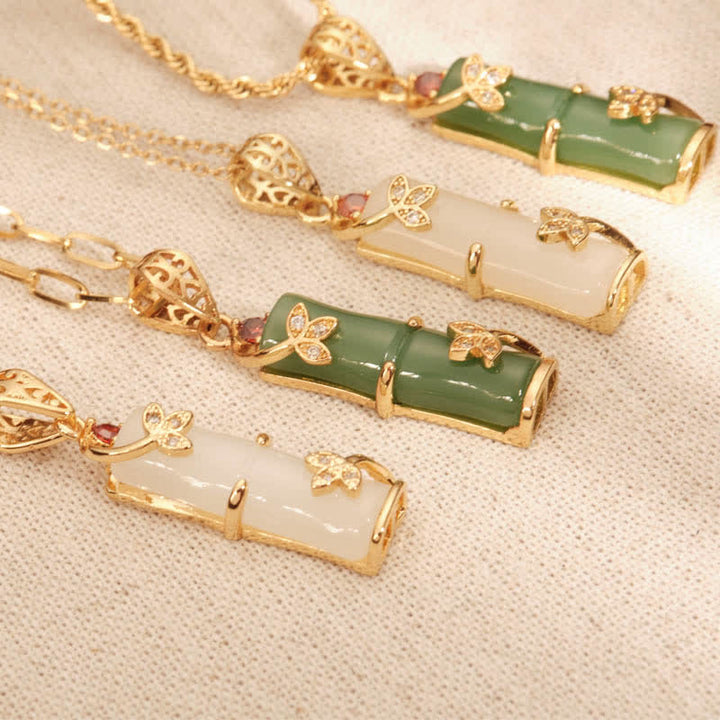 Jade Bambus Anhänger Gold Kette Schutz Glück Naturstein Schmuck elegant
