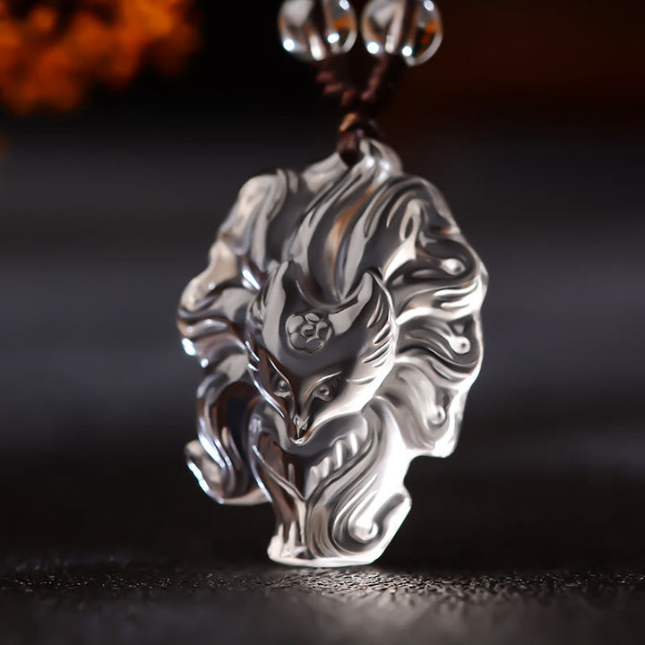 Anhänger Kette Amethyst Neunschweif-Fuchs Glück Silber Schnitzerei