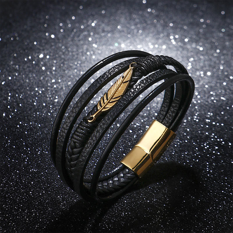 Schwarzes Leder Armband magnetisch Ruhe goldene Feder Verschluss elegant