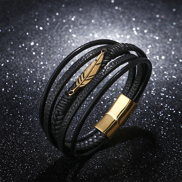 Schwarzes Leder Armband magnetisch Ruhe goldene Feder Verschluss elegant