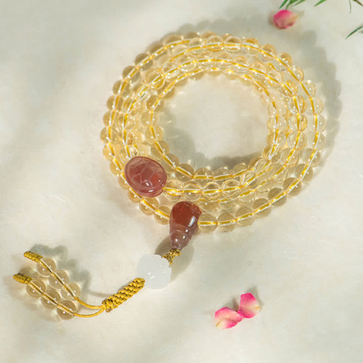 Citrin Mala Armband mit roten Achat Perlen golden glänzend