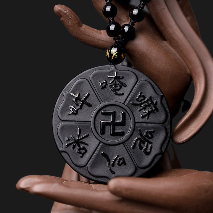 Schwarzer Obsidian Anhänger Om Mani Padme Hum Kette Glück