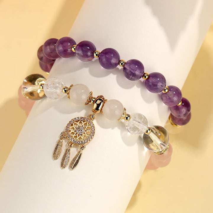 Amethyst Armband mit Traumfänger Anhänger gold elegant Naturstein