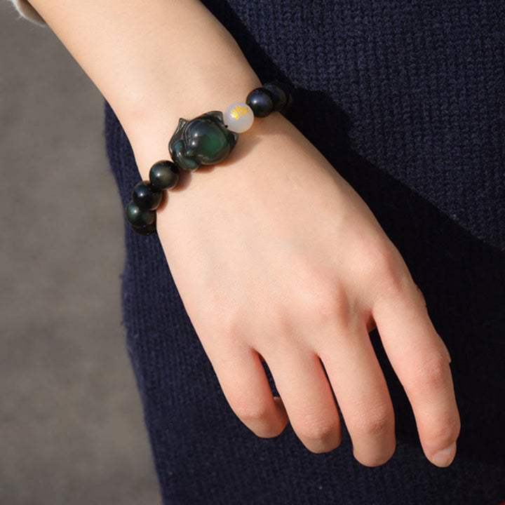 Obsidian Armband Silber Fuchs Heilung schwarze Perlen grüner Stein elegant