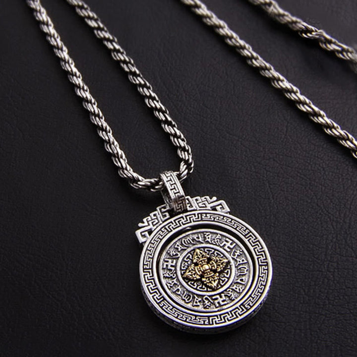 Silberne Kette mit rundem Doppel-Vajra Om Anhänger drehbar Tibet