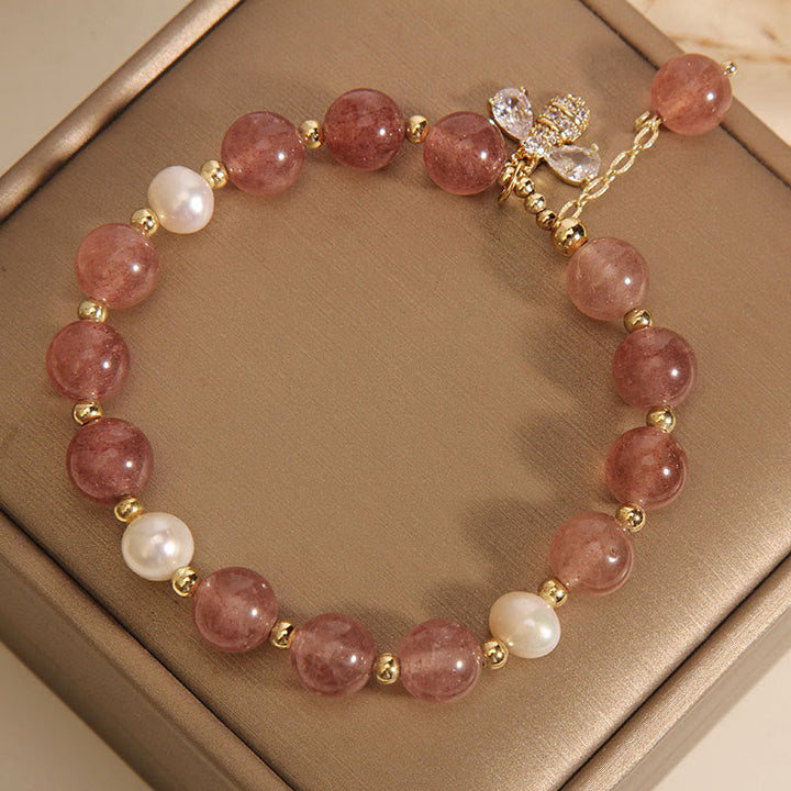 Armband Erdbeerquarz Perle gold Perlen Rosa Naturstein elegant