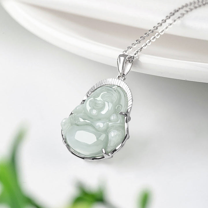 Kette Jade Lachender Buddha – Bild 5 – Kette Jade Lachender Buddha grüner Naturstein Anhänger silbern