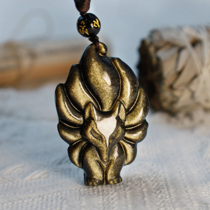 Kette Obsidian Neunschweif-Fuchs Bronze Anhänger Naturstein elegant