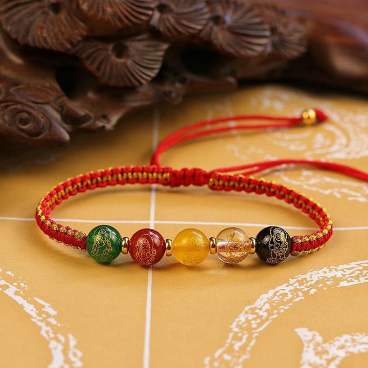 Armband Achat mit roten Fäden fünf Naturstein Perlen Schutz Wohlstand