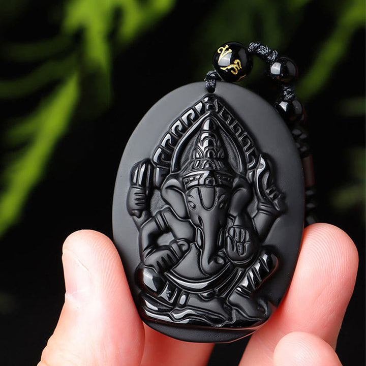 Schwarze Obsidian Kette Ganesha Anhänger Wohlstand Segen Glück