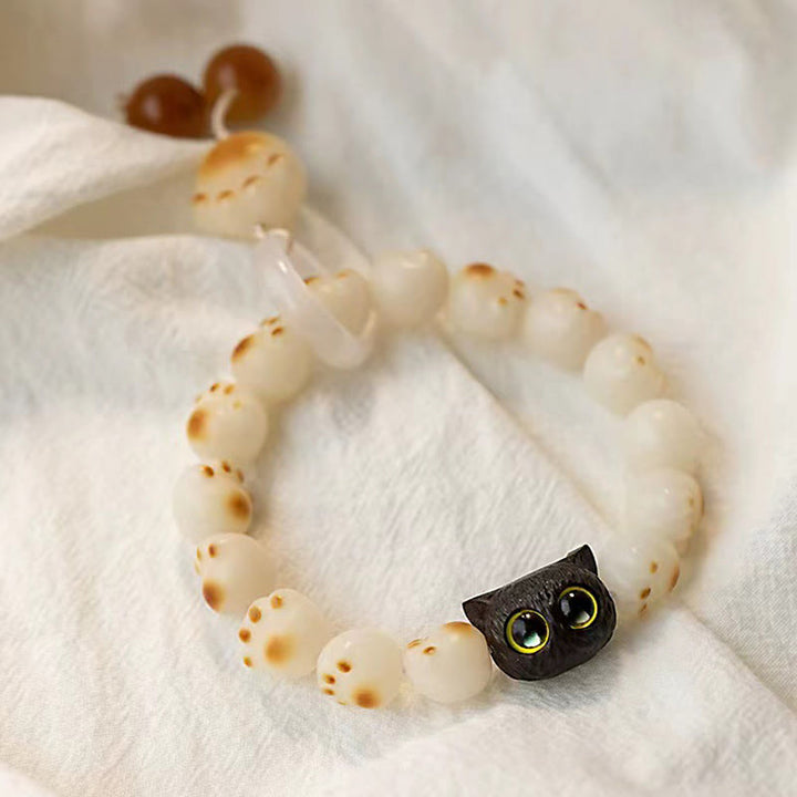 Armband Sandelholz Bodhi Katze mit schwarzer Katzenkopf Perle Glück.