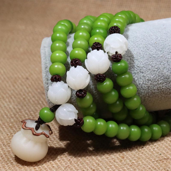 Mala Bodhi – Weisheit Armband grüne weiße Perlen elastisch Handgelenk