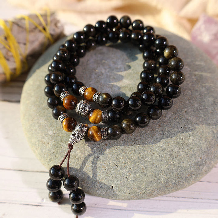 Armband Obsidian mit Tigerauge Perlen Energieschmuck elastisch