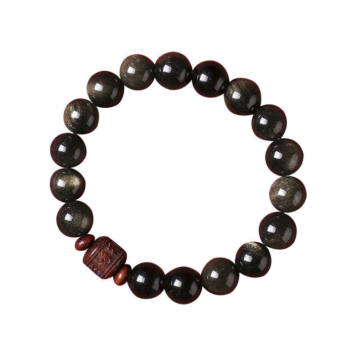 Obsidian Armband mit Om Mani Padme Hum Anhänger schwarz glänzend