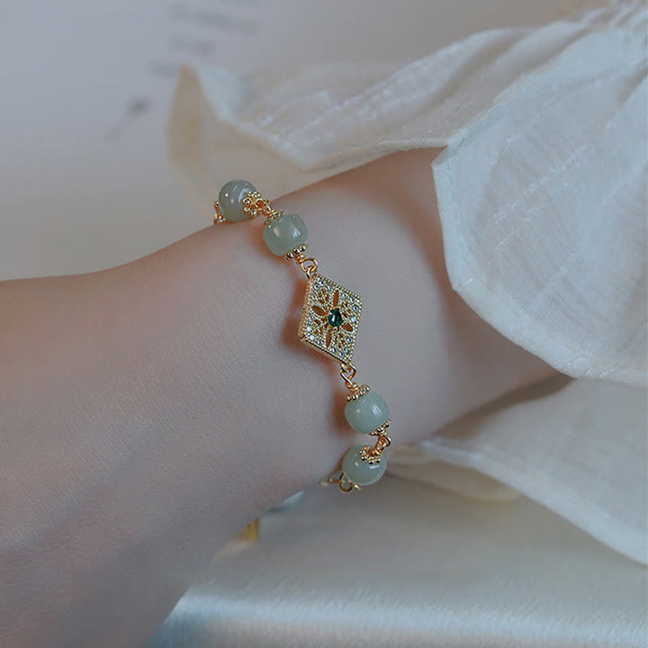 Hetian Jade Armband mit goldenen Verzierungen am Handgelenk getragen elegant