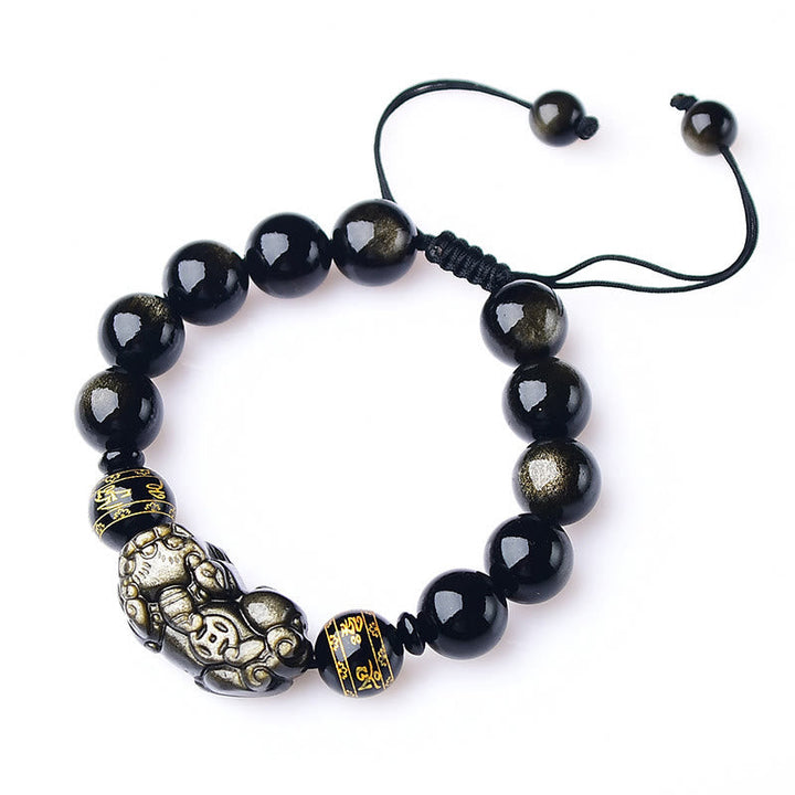 Obsidian Armband mit vergoldeter Om Mani Padme Hum Perle Wohlstand