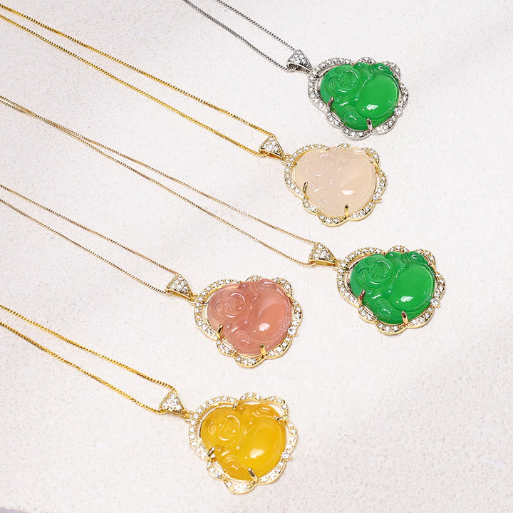 Jade Buddha Anhänger Halskette grün rosa gelb Stein Schmuck Kollektion