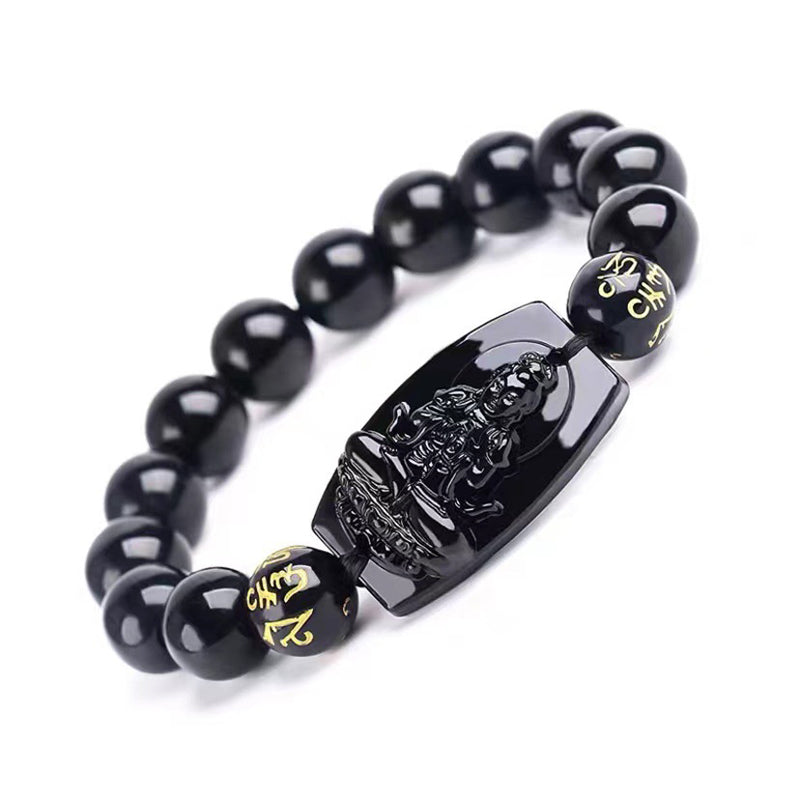 Obsidian Armband Chinesisches Tierkreis schwarze Perlen Pixiu Anhänger elastisch