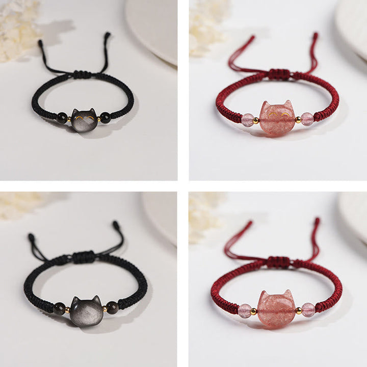 Armband Silber Obsidian Erdbeerquarz Katze – Schutz