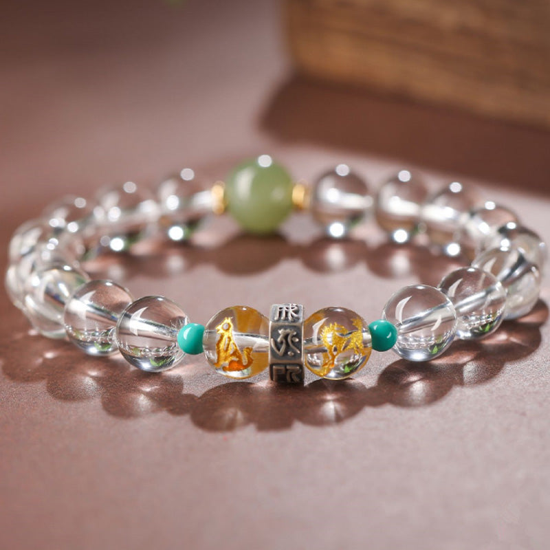 Armband 925 Silber Weißer Kristall Chinesisches Tierkreis Heilung elastisch