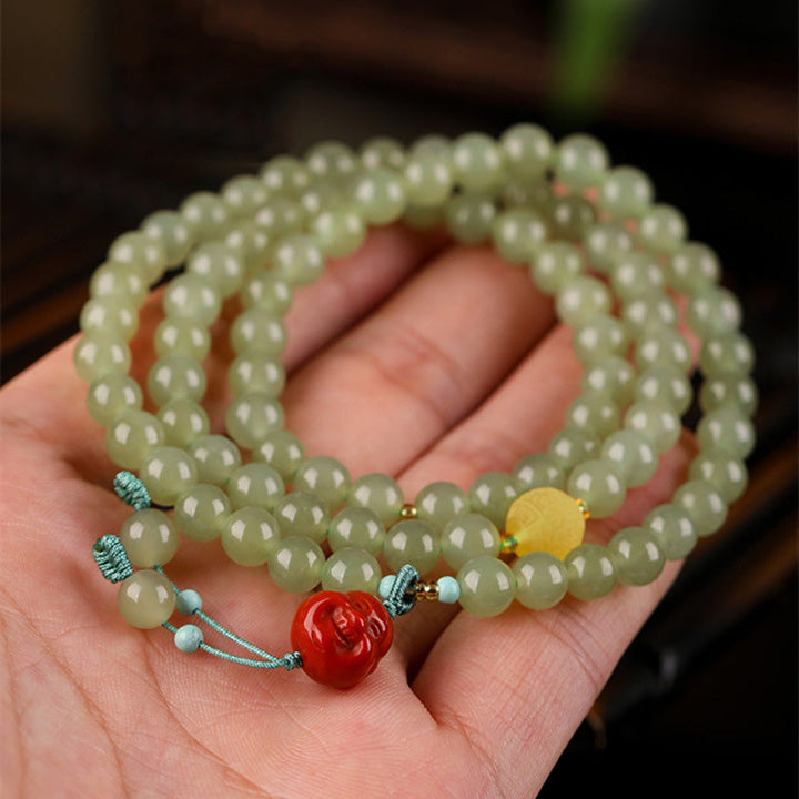 Jade Armband mit rotem Achat und lachender Buddha Figur Wohlstand