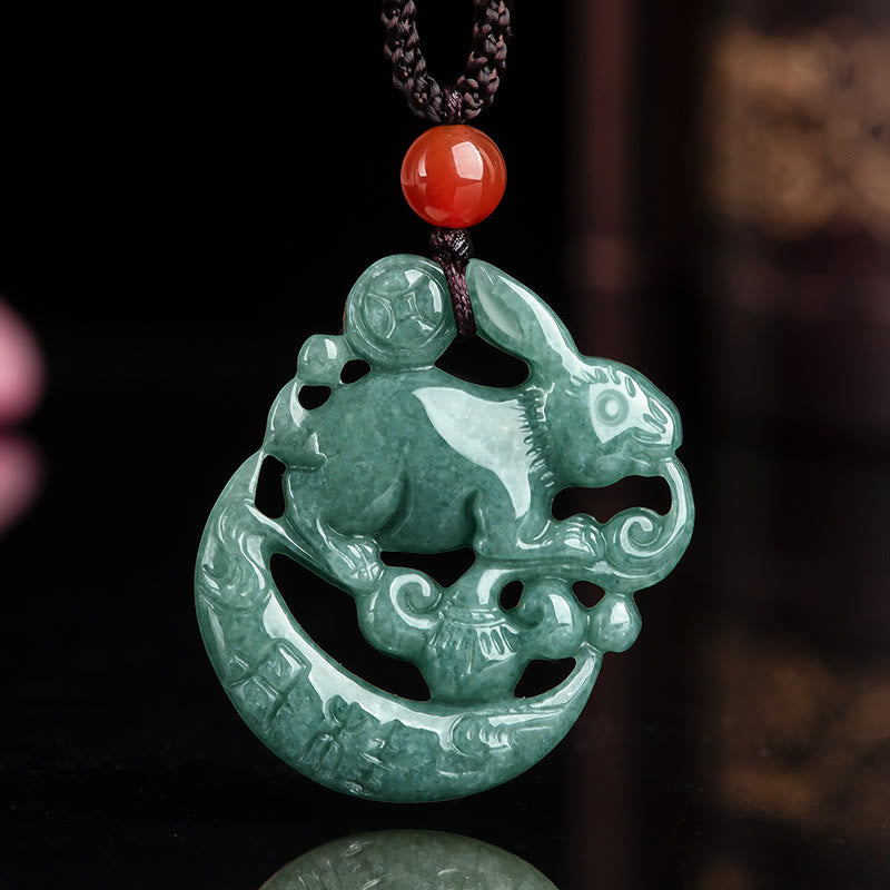 Jade Kaninchen-Mond Kette grüner Naturstein rote Perle elegant