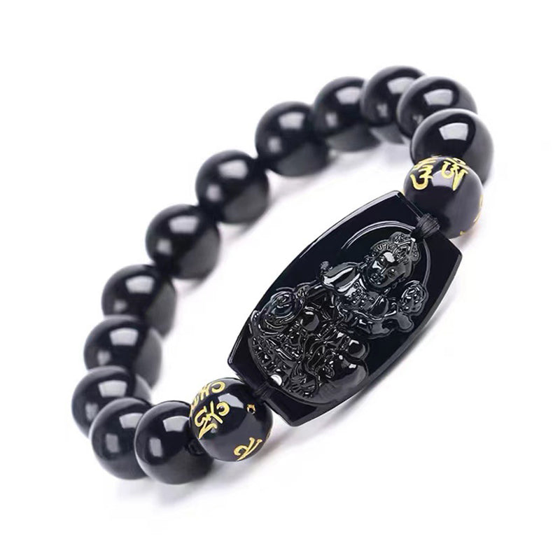Obsidian Armband Chinesisches Tierkreis schwarze Perlen Pixiu Anhänger elastisch