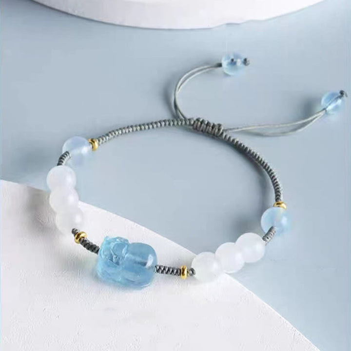 Armband weiße Jade Aquamarin Pixiu mit verstellbarem Seil elastisch
