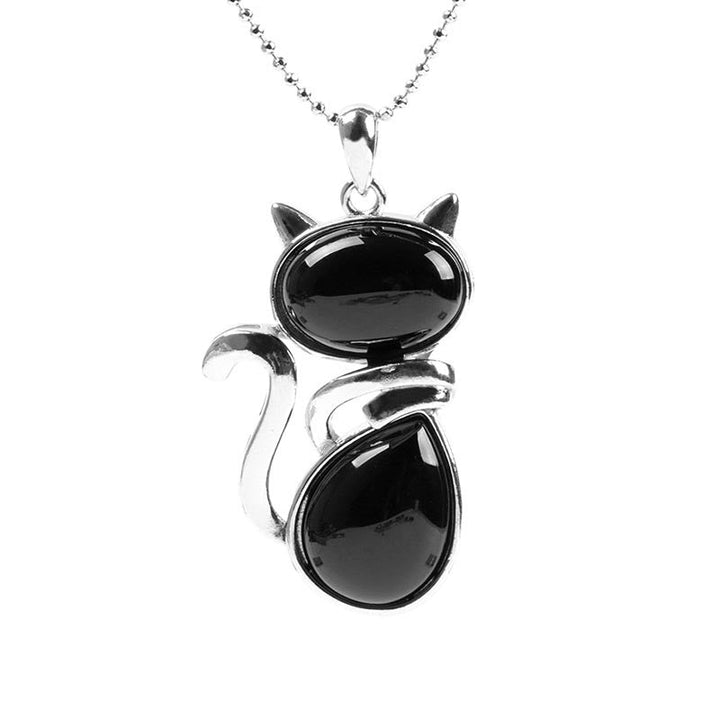 Silberne Kette mit schwarzem Obsidian Katzen Anhänger Schutzstein