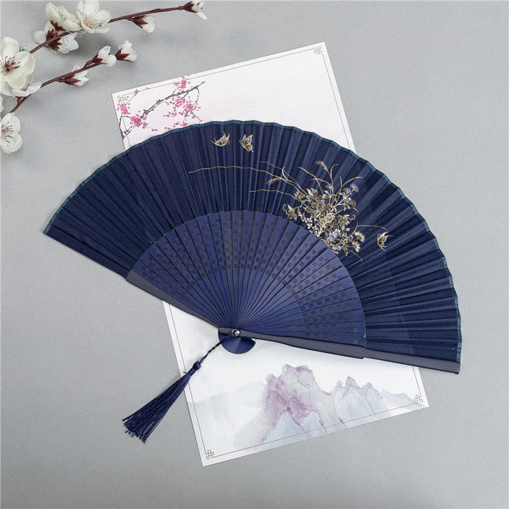 Japanische Fächer Kranich Seide Pfingstrose Schmetterling Blume