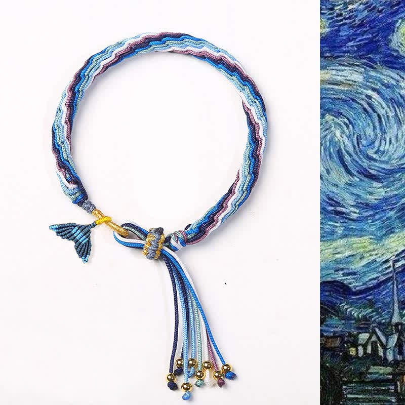 Blaues Armband mit Quasten und Perlen, inspiriert von Van Gogh Sternennacht Kunstwerk