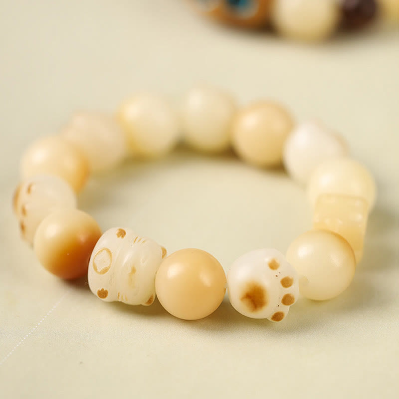 Sandelholz Bodhi Katze Armband mit cremefarbenen Perlen Glück Frieden.