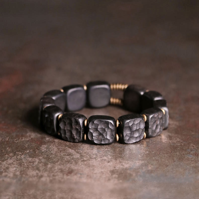 Armband Kupfer Ebenholz schwarze quadratische Perlen Naturstein elastisch