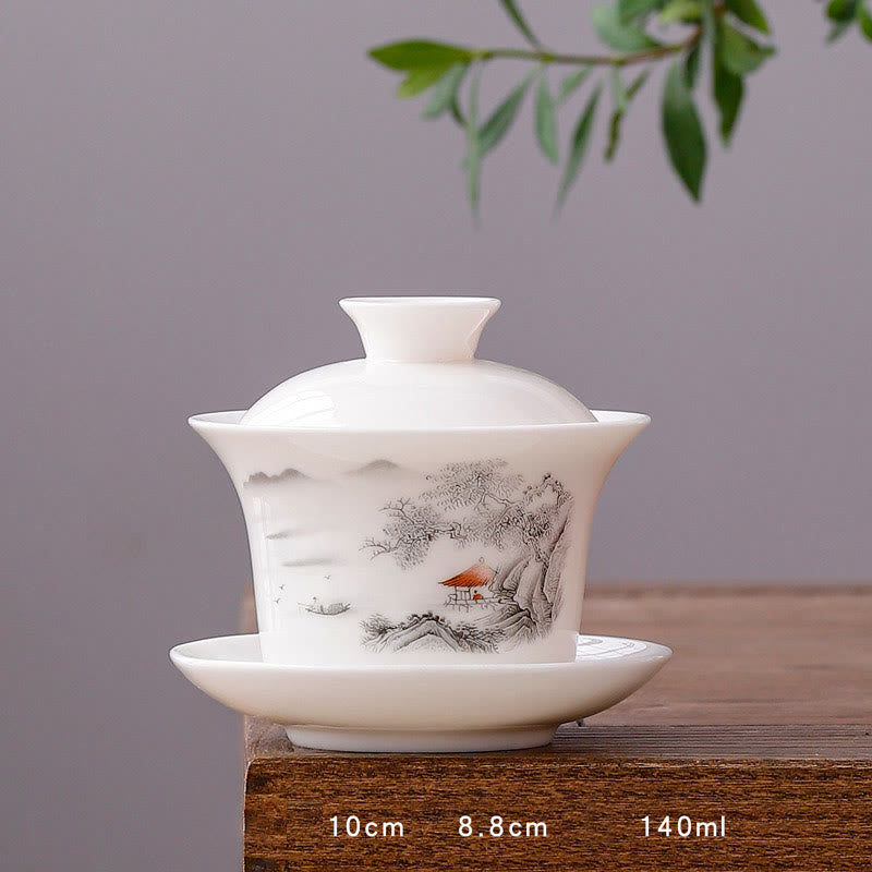 Teetassen Mit Untertasse Gaiwan Berge Porzellan Lange Tasse - Pavillon und Kiefer
