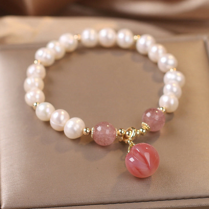 Armband Erdbeerquarz Perle – Liebe Weiße Perlen rosa Stein Anhänger