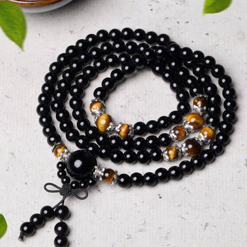 Mala 108 Perlen Schwarzer Obsidian Tigerauge