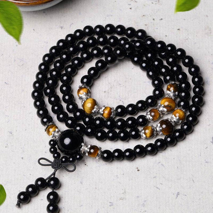 Mala 108 Perlen Schwarzer Obsidian Tigerauge