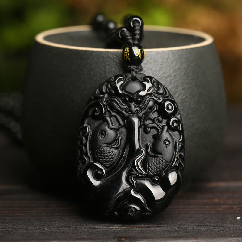 Schwarzer Obsidian Anhänger, Kette Koi-fische, Schmuck