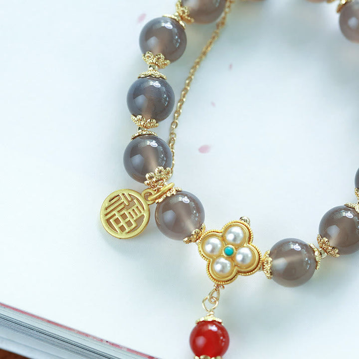 Armband Achat Perle Fu-Zeichen Balance Naturstein elegant golden Perlen