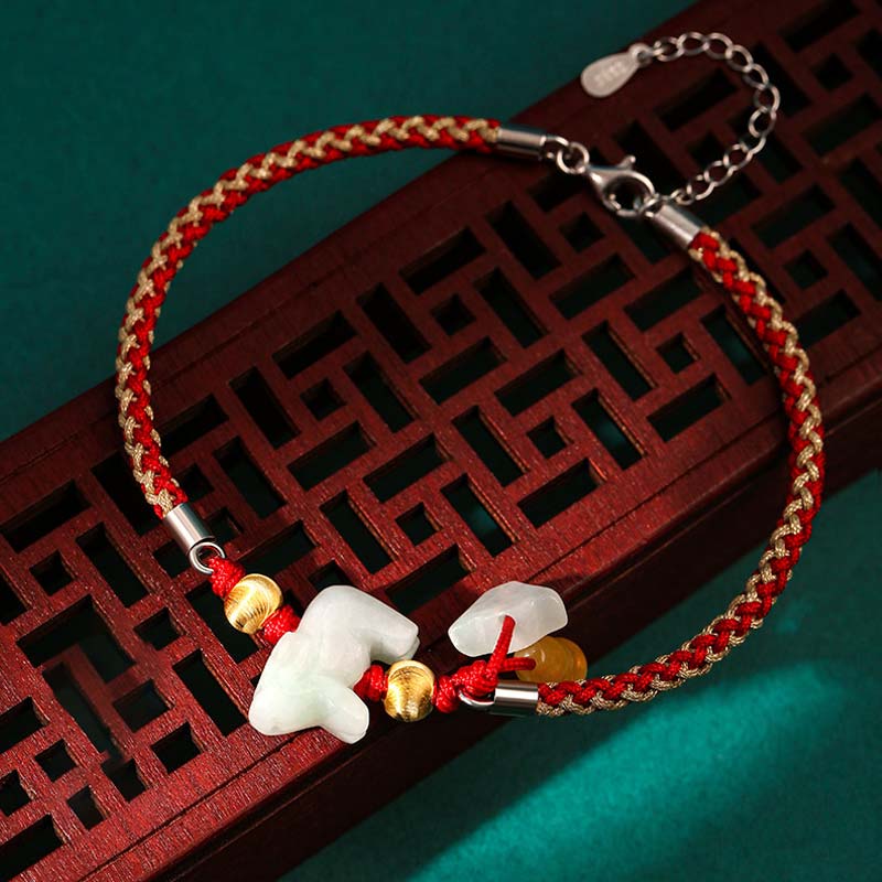 Jade Armband Chinesisches Tierkreis Wohlstand Energie rotes Seidenband Glücksbringer