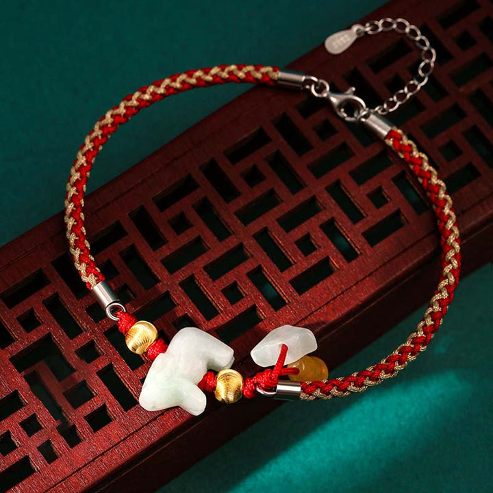 Jade Armband Chinesisches Tierkreis Wohlstand Energie rotes Seidenband Glücksbringer