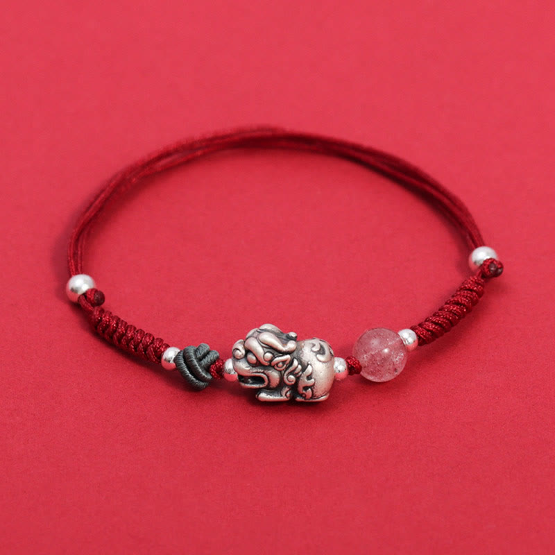 Rotes Armband Erdbeerquarz Pixiu Silber Glück Wohlstand Elastisch