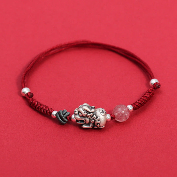 Rotes Armband Erdbeerquarz Pixiu Silber Glück Wohlstand Elastisch