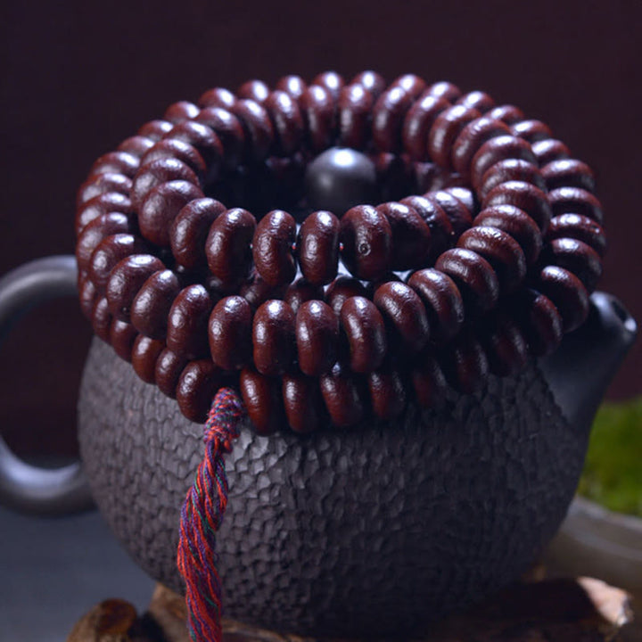 Mala 108 Perlen Bodhi Wohlstand rote braune Perlen Textilband
