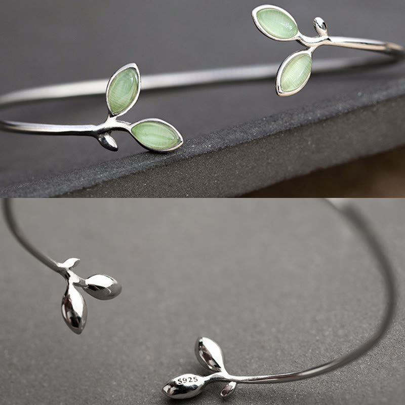 Armband Blatt Katzenauge grünes Stein-Schmuckstück silberne Fassung elegant.