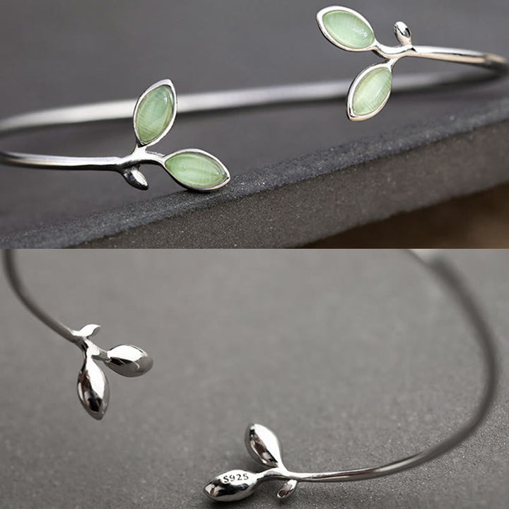 Armband Blatt Katzenauge grünes Stein-Schmuckstück silberne Fassung elegant.
