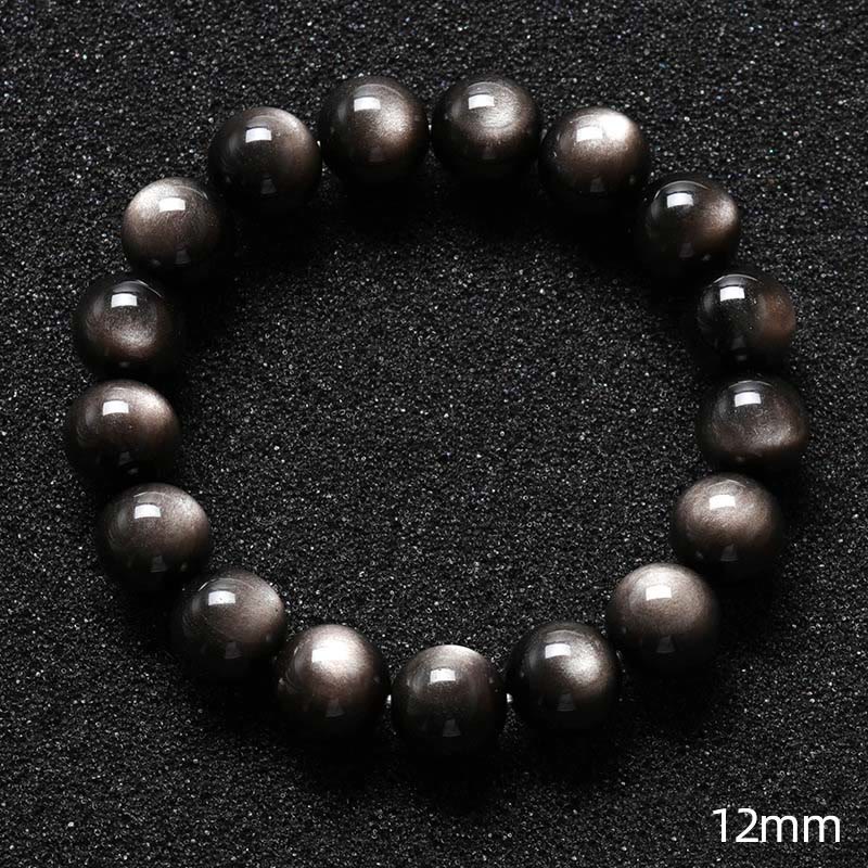 Obsidian Armband Silber mit schwarzen glänzenden Perlen Flachaufnahme 12mm